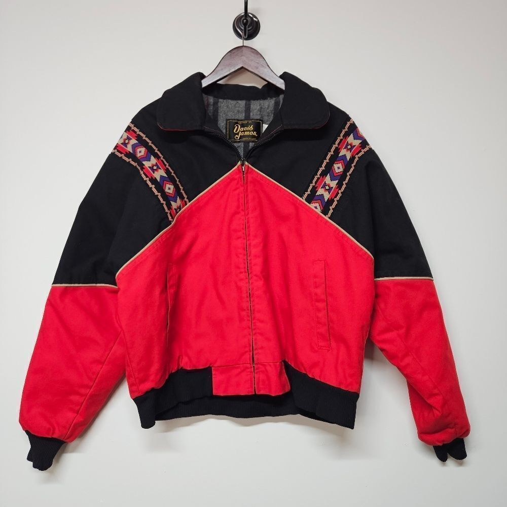 Vintage DAVIS JAMES Red and Black Lined Jacket with Patterned Accents Size Large